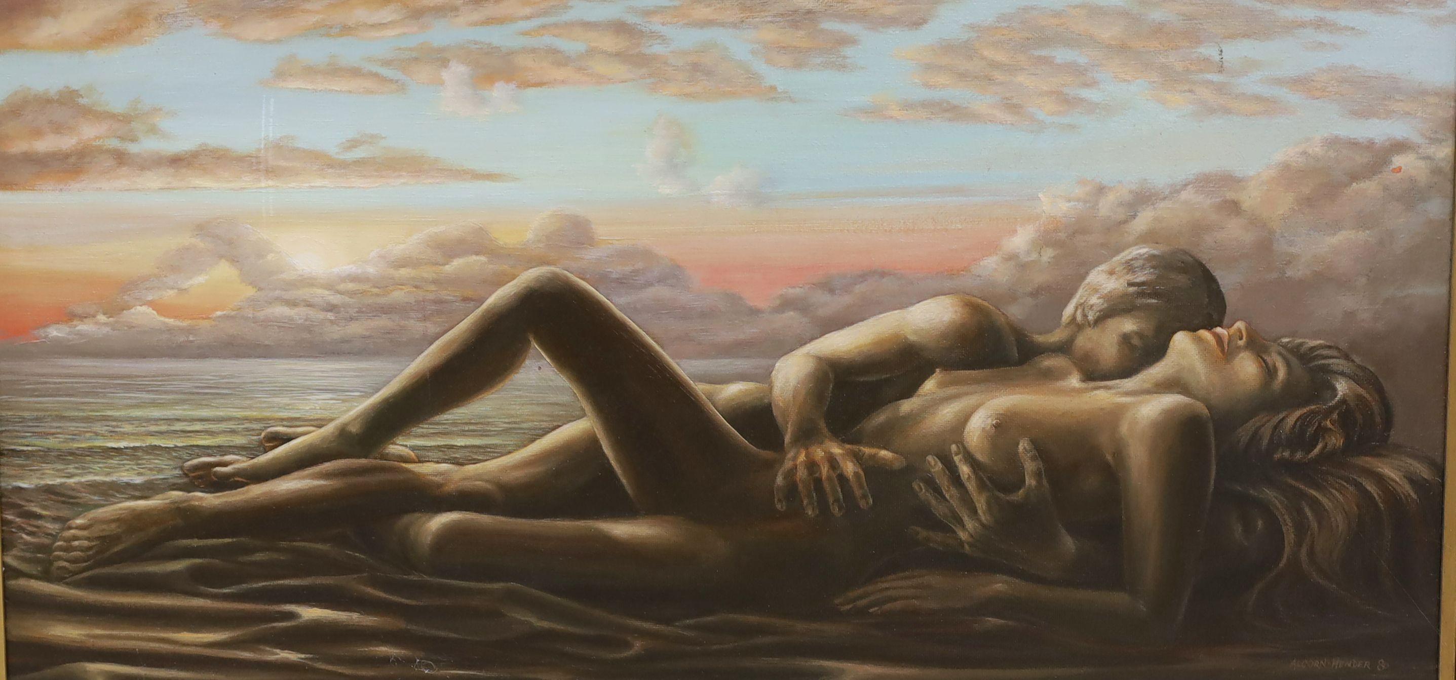 Michael Alcorn-Hender (1945-), oil on board, Embracing nudes on the seashore, signed and dated '80, 49 x 100cm